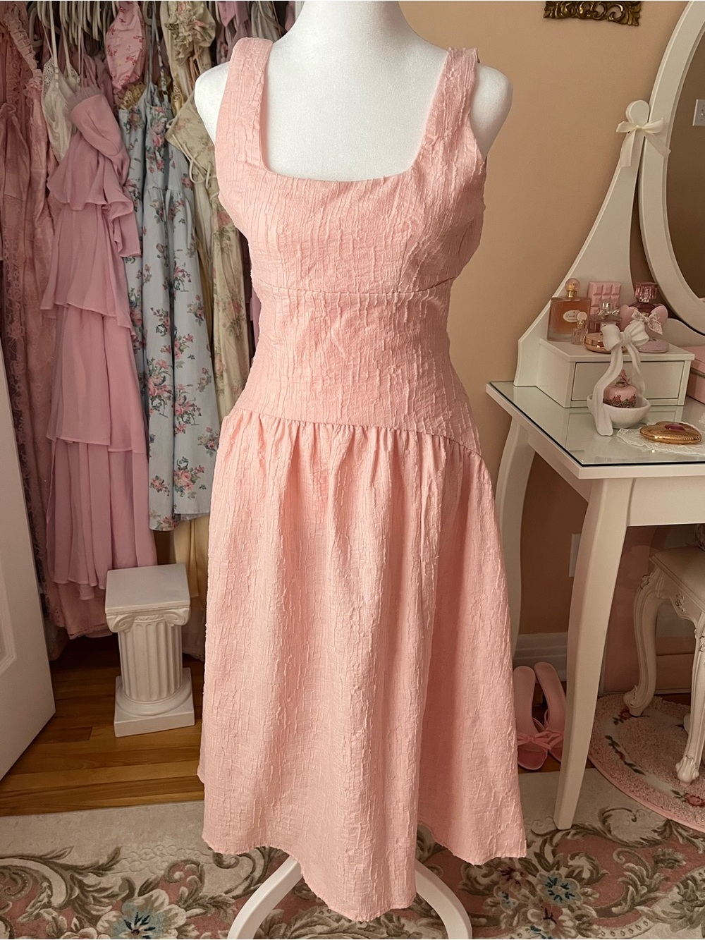 Square-Neck Midi Dress in Soft Light Pink